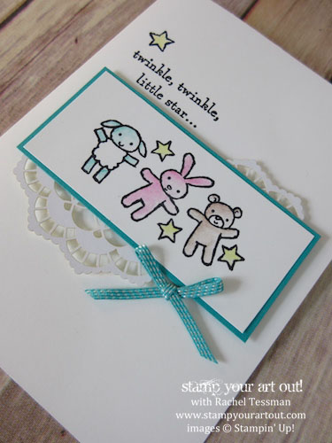 Sweet baby card made with Moon Baby stamp set, Lace Doilies and Watercolor Pencils (available in the 2017 Occasions Catalog)…#stampyourartout - Stampin’ Up!® - Stamp Your Art Out! www.stampyourartout.com
