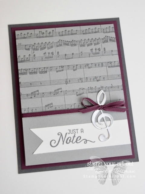 “Just a Note” music-themed greeting cards created with Stampin’ Up!’s Flourishing Phrases and Sheet Music stamp sets, Musical Instruments Framelits Dies, and the Gold, Silver and Champagne Foil papers...#stampyourartout - Stampin’ Up!® - Stamp Your Art Out! www.stampyourartout.com