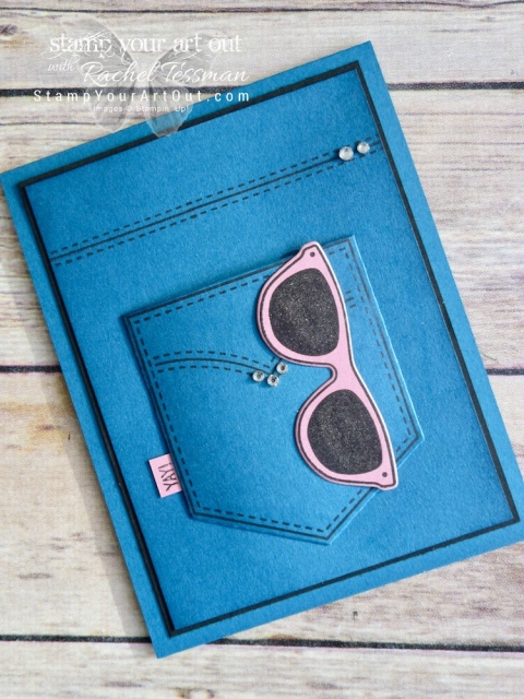 Click here for supplies, measurements AND to watch my quick video to see how to make this denim pocket card using the beautiful 2016-18 In Colors, stamp set images from Pocketful of Sunshine, coordinating Pocket Framelits dies, and some sparkling embellishments...#stampyourartout #stampinup - Stampin’ Up!® - Stamp Your Art Out! www.stampyourartout.com