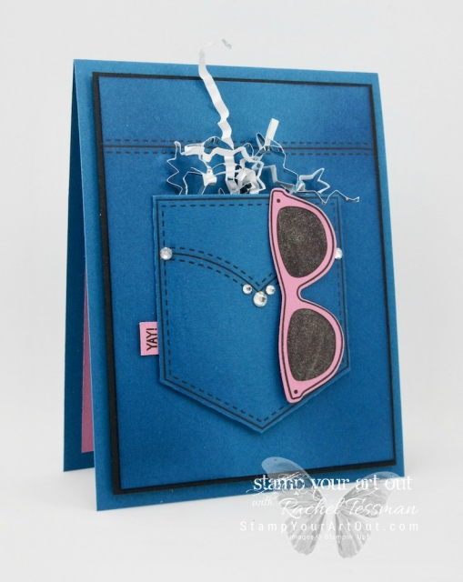 Click here for supplies, measurements AND to watch my quick video to see how to make this denim pocket card using the beautiful 2016-18 In Colors, stamp set images from Pocketful of Sunshine, coordinating Pocket Framelits dies, and some sparkling embellishments...#stampyourartout #stampinup - Stampin’ Up!® - Stamp Your Art Out! www.stampyourartout.com