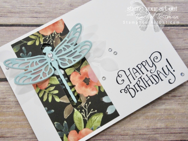 Click here for supplies, measurements AND to watch my quick video to see how to make this super pretty dragonfly closure card using the Detailed Dragonfly Thinlits, Better Together Stamp Set, and Petal Garden Designer Paper...#stampyourartout #stampinup - Stampin’ Up!® - Stamp Your Art Out! www.stampyourartout.com