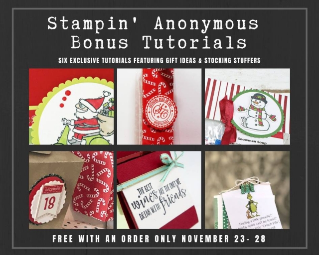 Stampin’ Anonymous Tutorials contain 6 EXCLUSIVE "better than flat" projects created by some very talented Stampin' Up! demonstrators. This exclusive bundle is only being offered during the November 23-28, 2018 Online Extravaganza! Place an order with me within those days, and get this set of stocking stuffer/Christmas gift tutorials for free! This bundle will not be offered for sale…#stampyourartout #stampinup - Stampin’ Up!® - Stamp Your Art Out! www.stampyourartout.com