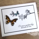 Click here to see how to stamp and color window sheets (acetate) and then add a layer of glimmer paper (much easier than the clear glue and glitter method!). This is best done with rubber (not photopolymer) stamps and easiest with images that coordinate with framelits or punches. I used the Butterfly Wishes Stamp Set, the Butterfly Duet Punch, Glimmer Paper, and Stampin’ Blends Markers. Watch my video so you can see all my tips and tricks and get the step-by-step directions! You’ll also be able to access measurements, other close-up photos, and links to the products I used. #stampyourartout #stampinup - Stampin’ Up!® - Stamp Your Art Out! www.stampyourartout.com
