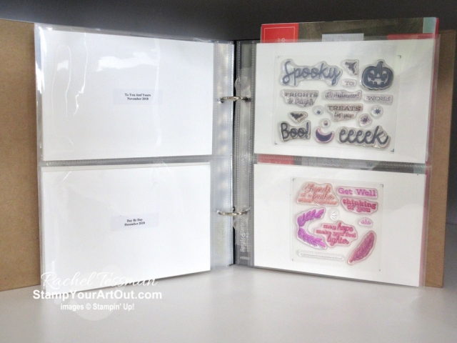 Store your Paper Pumpkin stamp sets in photo pocket pages within a 6x8 Memories & More Album. Click here to get more details and see more photos of this organization method. You can also access Stamp Set Case Inserts from January 2015 forward through my website if you use that method. #onestopbox #stampyourartout #stampinup - Stampin’ Up!® - Stamp Your Art Out! www.stampyourartout.com