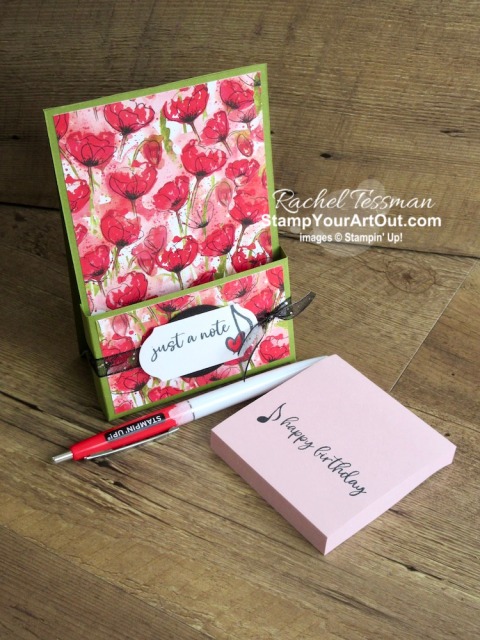 Click here to see how to make an easy vertical, easel-style sticky note pad and pen holder using one sheet of 8-1/2” x 11” cardstock, strong adhesive, Peaceful Poppies Designer Paper, and images from the Music From the Heart Stamp Set. You’ll also be able to access measurements and a link to a how-to video, see other close-up photos, and get links to all the products I used. - Stampin’ Up!® - Stamp Your Art Out! www.stampyourartout.com