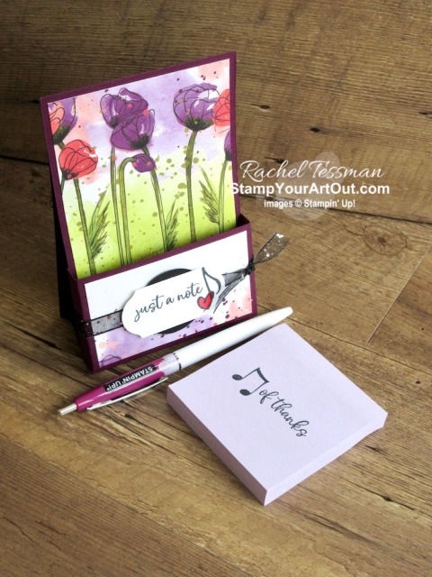 Click here to see how to make an easy vertical, easel-style sticky note pad and pen holder using one sheet of 8-1/2” x 11” cardstock, strong adhesive, Peaceful Poppies Designer Paper, and images from the Music From the Heart Stamp Set. You’ll also be able to access measurements and a link to a how-to video, see other close-up photos, and get links to all the products I used. - Stampin’ Up!® - Stamp Your Art Out! www.stampyourartout.com