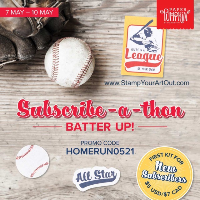 Sign up by May 10th to get the next exclusive Paper Pumpkin Kit! New subscribers can get this kit for $5 using the code: HOMERUN0521  Step up to the plate, take a swing, and knock it out of the park! With the Batter Up! Paper Pumpkin Kit, it’s your turn to go to bat for all the people who’ve gone to bat for you. This month’s timeless kit with a “throwback” theme contains enough grand slam supplies to create nine 4-1/4" x 5-1/2" cards (3 of 3 designs) featuring classic colors, pinwheel and pinstripe patterns, and vintage-washed paper pieces. There’s no “batter” way to root, root, root for your home team and honor the all-stars in your life! Each kit also contains a couple sticks of the chewy staple - the official bubble gum of the MLB! Chew while you craft, slide a piece into a card, or save it for later - Stampin’ Up!® - Stamp Your Art Out! www.stampyourartout.com