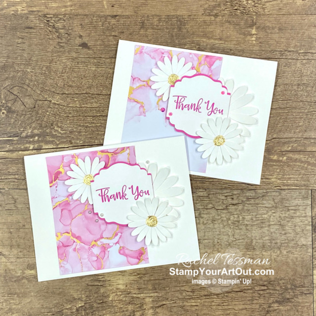 Click here to see how to make this pretty thank you card with the Expressions in Ink Designer Paper, Gilded Leafing, and a sentiment from the Peaceful Moments Stamp Set. Access measurements, more photos, directions, and links to the products I used. Check out some BackStage@Home gifts I received, too! - Stampin’ Up!® - Stamp Your Art Out! www.stampyourartout.com