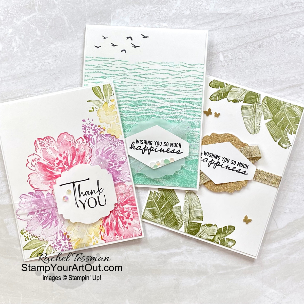 Click here to make these simple yet beautiful cards without a lot of effort or expensive tools. These cards all feature new 2022 products: the Flowing Flowers, Gentle Waves, On the Horizons, and Island Vibes stamp sets, and the Faux Sea Glass Shapes, Iridescent Rhinestones, Brushed Brass Butterflies embellishments. Access measurements, more photos, a how-to video with directions, and links to the products I used. - Stampin’ Up!® - Stamp Your Art Out! www.stampyourartout.com