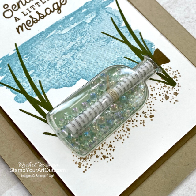 Click here to see how to make a “message in a bottle” card with Stampin’ Up!’s Oceanfront Stamp Set, Bottled Happiness Stamp Set, coordinating Vintage Bottle Punch, and Vintage Bottle Shaker Domes. Access measurements, more photos, a how-to video with directions, and links to all the products I used. - Stampin’ Up!® - Stamp Your Art Out! www.stampyourartout.com