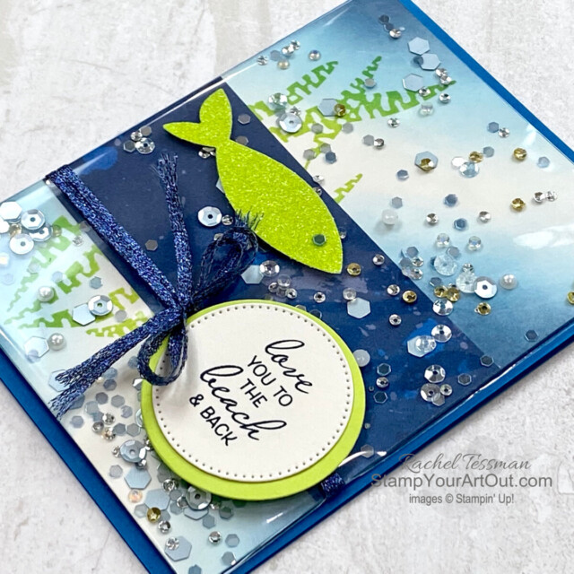 Make a Faker Shaker Card with the Botanical Layers & Friends Are Like Seashells Stamp Sets, Sun Prints Designer Paper, Blending Brushes, For Everything Fancy Sequins, and the Fish Builder Punch. Click here to access measurements, a how-to video with tips and tricks, other close-up photos, and links to all the products I used. - Stampin’ Up!® - Stamp Your Art Out! www.stampyourartout.com