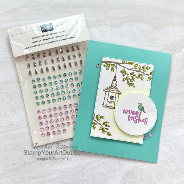 Die-cut stitched layers, Blends Markers, and the Adhesive Backed Sequins & Gems help to make this simple yet pretty layered Garden Birdhouses birthday card. Access measurements, more photos, directions, and links to the products I used in my 9/17/22 post. - Stampin’ Up!® - Stamp Your Art Out! www.stampyourartout.com