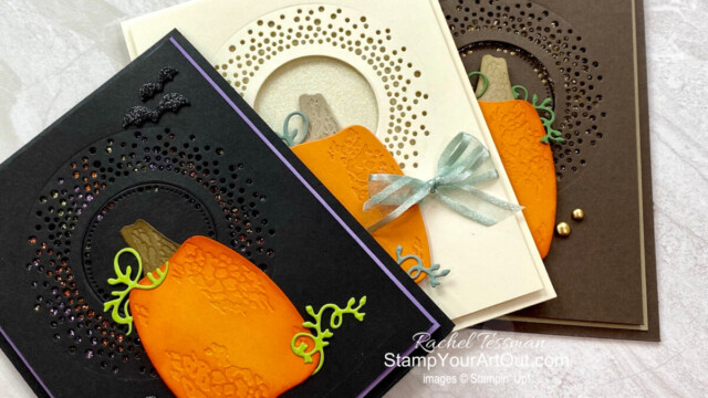 Visit my 9/29/22 post to see three fun pumpkin cards that I made with similar products and a similar layout but for totally different celebrations. I tapped into the Rustic Pumpkins, Labels Aglow, and Scary Silhouettes Dies by Stampin’ Up! for my projects. You’ll be able to access directions, tips and measurements in my how-to video, see other photos, and access links to the products I used. - Stampin’ Up!® - Stamp Your Art Out! www.stampyourartout.com